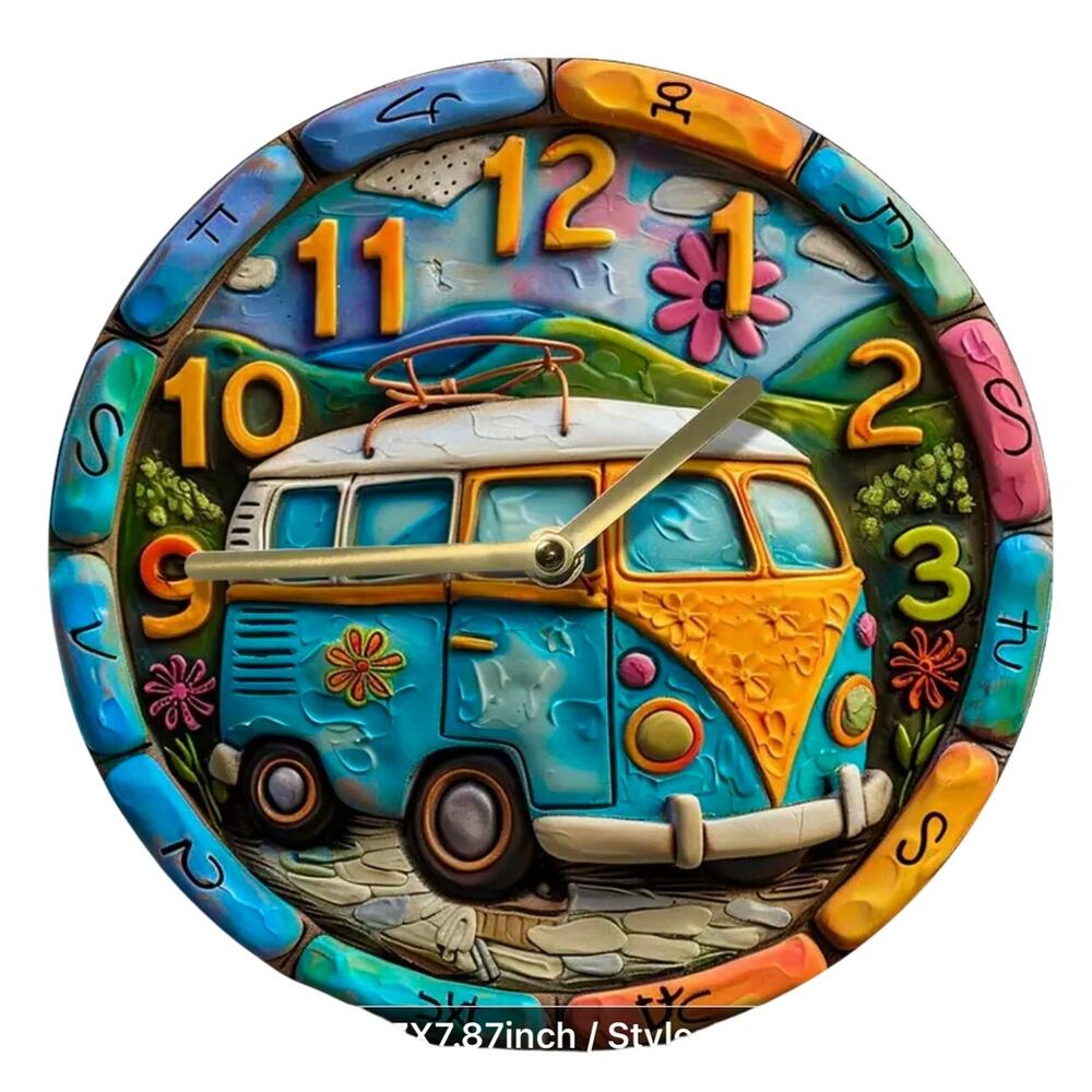 Retro Boho 60's Bus Van Clock 8"x 8"